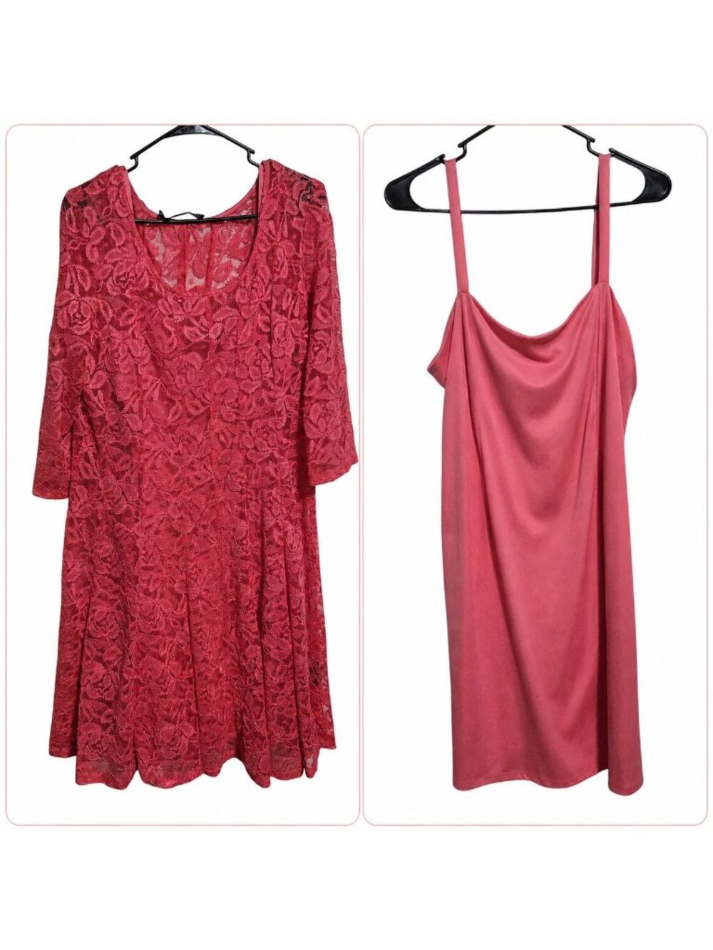 Leslie Fav Lace Overlay Dress Size 16 Pink Sleeveless Slip Two Piece Romantic